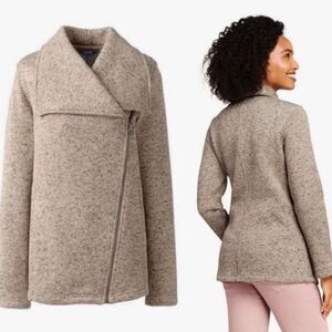 Lands End Motto Knit Fleece Oatmeal Tweed Asymmetrical Zip Jacket Blazer Coat